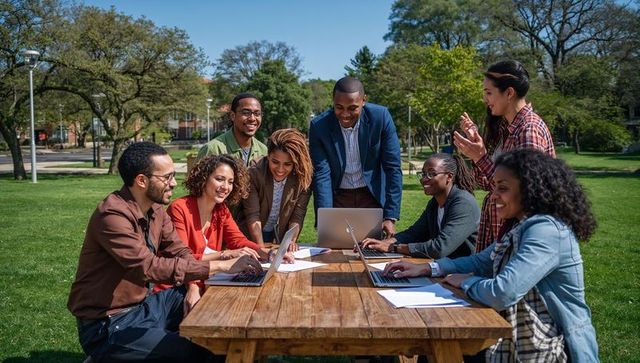 Multicultural team collaborating outdoors on laptops around wooden picnic table