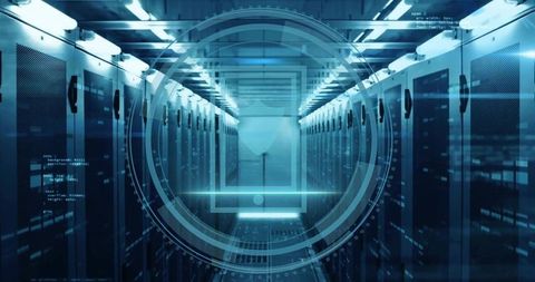 Futuristic Digital Interface in Server Room with Cybersecurity Focus