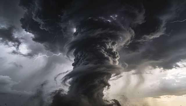 Tornado forming beneath towering mesocyclone with twisting updraft and lightning bolts