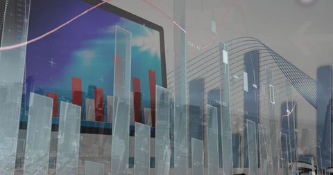 Statistical Data Projection with Cityscape Overlay and Computer Screen - Download Free Stock Images Pikwizard.com