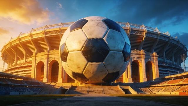 Massive worn soccer ball dominating monumental stadium plaza at sunset with dramatic light