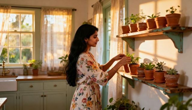 Indian woman tending potted plants on rustic shelves in sunlit farmhouse kitchen