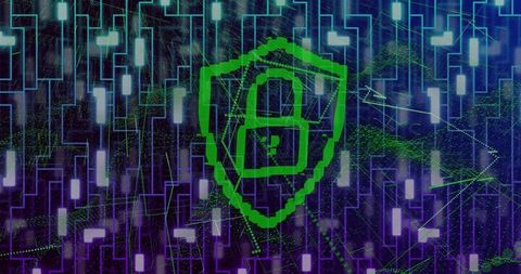 Glowing green padlock symbolizing cybersecurity on digital grid network