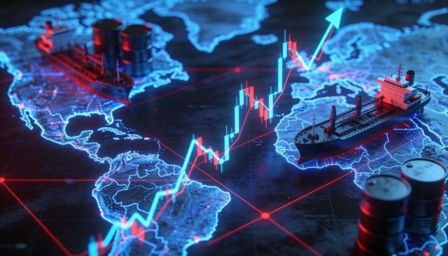 Global oil shipping network showing rising candlestick market chart with tankers and barrels