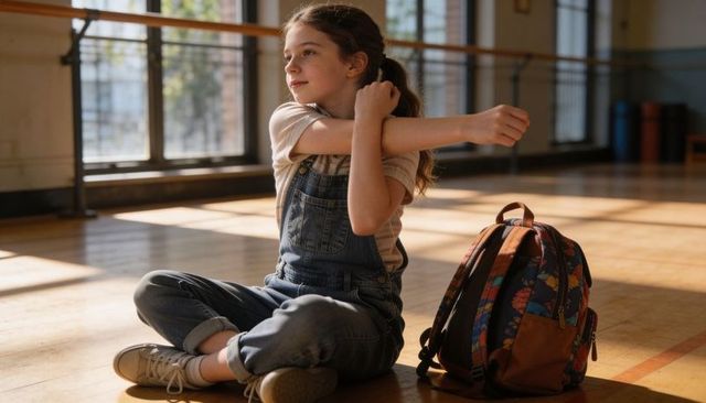 Young girl stretching in sunlit dance studio wearing denim overalls with floral backpack
