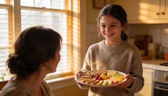 Smiling girl offering platter of cookies and fresh fruit in cozy sunlit kitchen moment