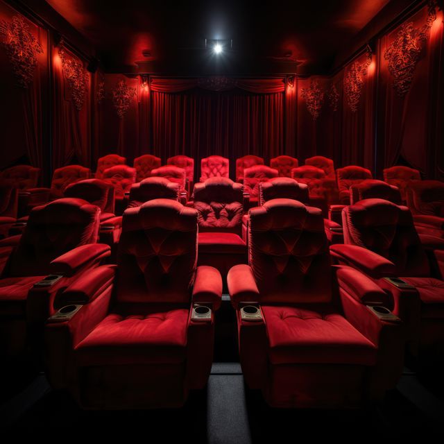 Luxurious red cinema seats await viewers in a dark theater. Velvet drapes and plush seating evoke an upscale movie-going experience.