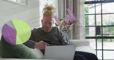 Casual online shopping with dreadlocked professional on sofa with digital charts