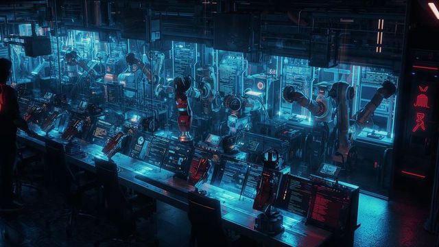 Technician Overseeing Robotic Operations in Advanced Factory