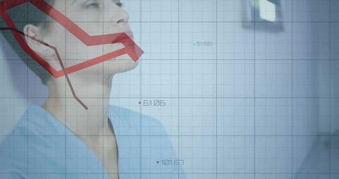 Healthcare clinician gazing upward wearing scrubs with red declining analytics chart overlay