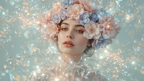 Ethereal portrait of beautiful lady wearing fantasy floral crown