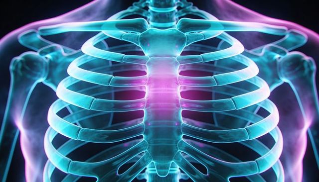 Glowing 3d thoracic skeleton highlighting sternum, ribcage and clavicles in neon render
