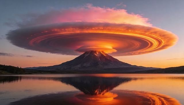 Lenticular Cloud Swirling Above Volcanic Peak Reflected in Calm Sunset Lake