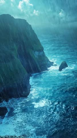 Stormy Cliff Cove Vertical Video Showing Waves Crashing and Rain Driving Ocean Spray