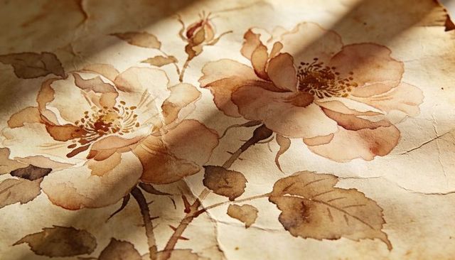 Vintage watercolor floral study on aged textured paper with warm sunlit creases