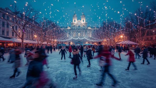 Festive Ice Skating on City Square Rink with Twinkling Lights and Joyful Crowd