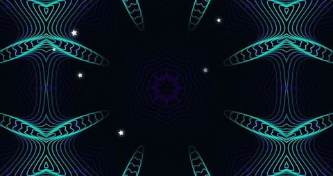 Radiating neon mandala sending teal cyan waves across dark navy geometric kaleidoscope