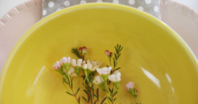 A yellow bowl holds a delicate sprig of small flowers, presenting a simple yet elegant arrangement on a polka-dotted tablecloth, with copy space. The image evokes a sense of freshness and springtime charm.
