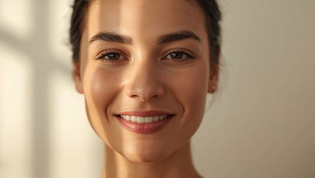 Warm natural light portrait of smiling woman with window shadow and stud earring