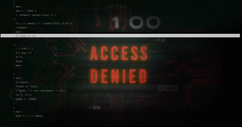 Red access denied glitching on dark cyber terminal with code, circuitry and console bar