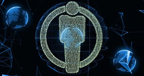 Futuristic vitruvian person with global digital elements