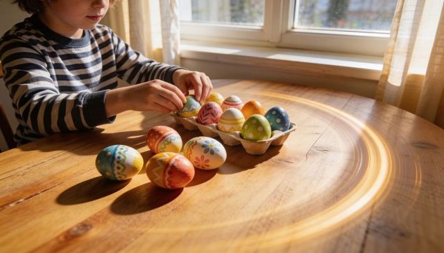 Striped-shirt child arranging colorful hand-painted easter eggs on sunlit wooden table