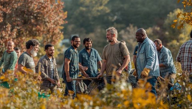 Multigenerational men volunteering and clearing park trails with rakes and wheelbarrow autumn
