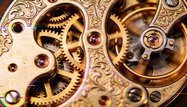 Antique watch movement showing engraved bridges, turning gears, oscillating balance wheel
