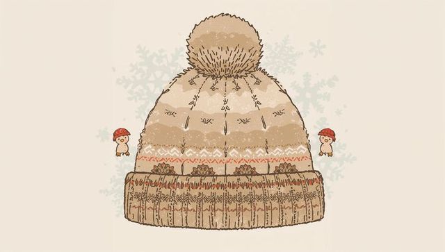 Cozy knit beanie with large pom pom and whimsical chicks wearing red caps