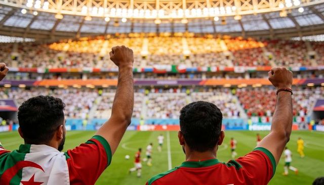 Algeria fans cheering and raising fists in packed stadium during soccer match