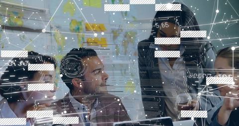 Business Team Collaborating on Data Visualization with High-Tech Network Overlay