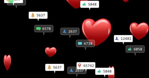 Floating hearts with social media notifications on black background
