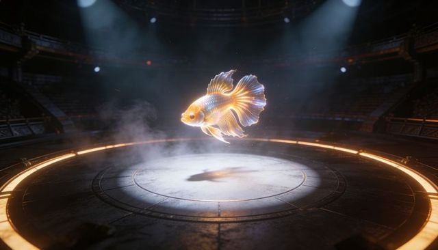 Luminous goldfish hovering above ringed stage emitting warm light with spotlights and fog