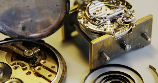 The close-up image shows the detailed inner workings of an antique pocket watch with the case opened, revealing intricate gears and mechanical components. Perfect for illustrating the art of watchmaking, detailing vintage craftsmanship, or for use in publications about horology and antique repairs.