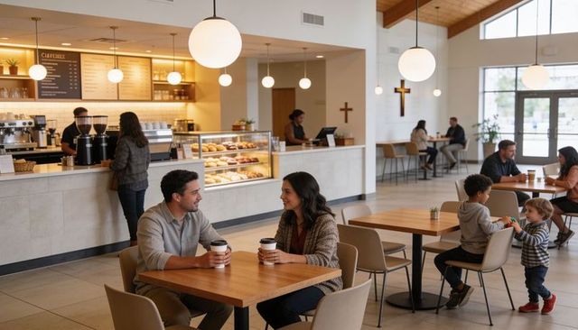 Couple sharing coffee and conversation in modern church cafe with pastry case