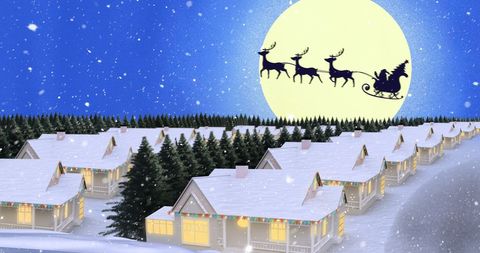Santa's Sleigh over Snowy Neighborhood under Full Moon