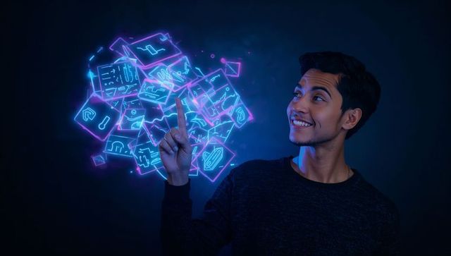 Young man pointing at neon holographic data cubes glowing with futuristic ai glyphs