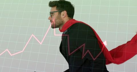 Entrepreneur wearing red cape leaning forward with upward pink finance chart and grid overlay