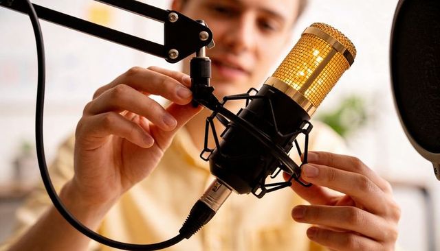 Adjusting gold condenser microphone in home podcast studio close-up hands connecting xlr