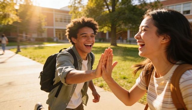 Students high-fiving while running on sunny college campus walkway during golden hour