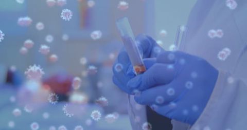 Scientist Analyzing Samples with Virus Simulation in Laboratory