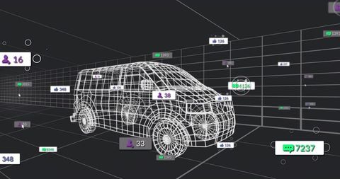 3D Wireframe Van with Floating Analytics Badges in Dark Virtual Grid
