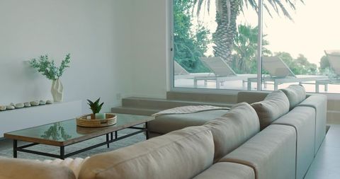 Elegant living room overlooking palm tree patio