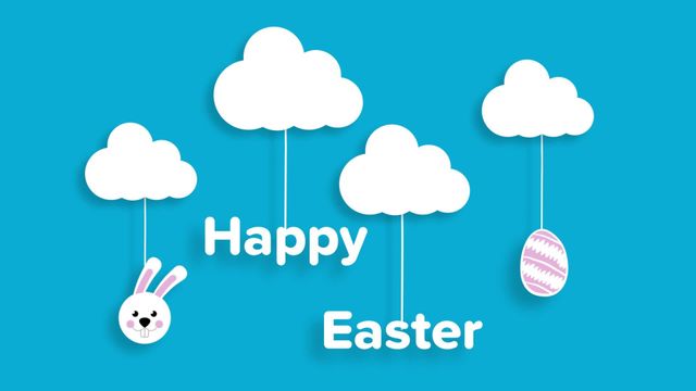 Easter greeting with 'Happy Easter' text hanging from clouds against blue background. Left features cute cartoon bunny; right has decorated Easter egg. Ideal for Easter cards, social media posts, and holiday invitations.