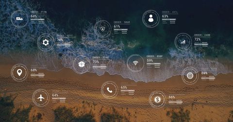 Digital Interface Overlay on Coastal Landscape with Data Icons
