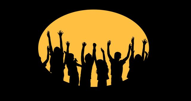 Illustration of children with arms raised standing against yellow oval shape over black background. Childhood, together, happy, international week of happiness at work, enjoyment, holiday, awareness.