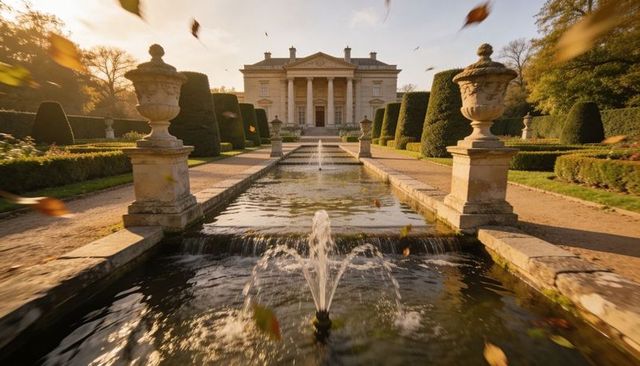 Reflecting pool drawing eye toward neoclassical manor in formal garden at golden hour