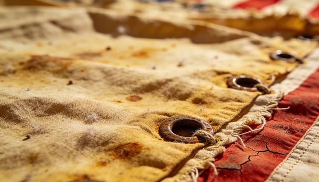 Worn canvas panel featuring rusted grommets braided rope and weathered patina texture