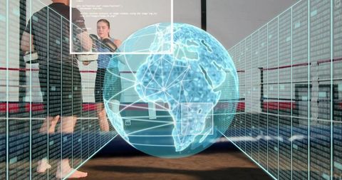 Female boxer training with coach and holographic data globe showing performance analytics