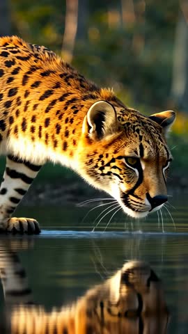 Cheetah approaching waterhole at dawn lapping water distorting reflection vertical video